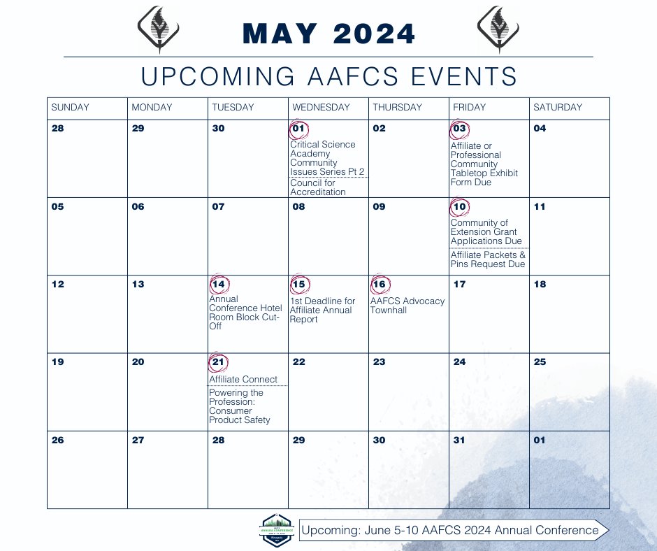 Upcoming events and meetings for May 2024! Check out our website for more details aafcs.org/events/calendar