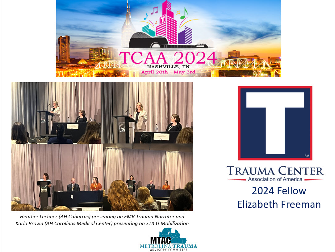 Great job by Heather Lechner (AH Cabarrus) & Karla Brown (AH CMC) on their presentations at the @Traumacenters 2024 Conference. Congrats to Elizabeth Freeman (AH Cabarrus) on being named a 2024 TCAA Fellow! #MetrolinaTrauma #SoMe4Trauma #TraumaCenter #TraumaSurgery #TCAA2024