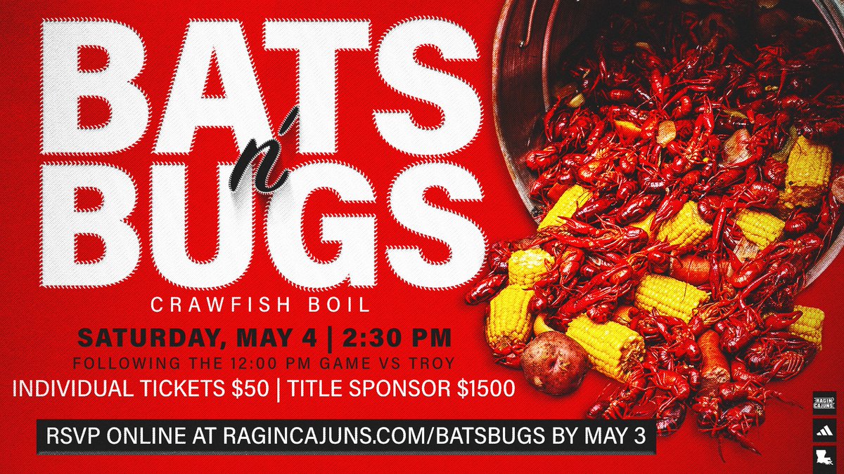 Join @RaginCajunsSB this weekend at the 𝟐𝟎𝟐𝟒 𝐋𝐨𝐮𝐢𝐬𝐢𝐚𝐧𝐚 𝐒𝐨𝐟𝐭𝐛𝐚𝐥𝐥 𝐁𝐚𝐭𝐬 & 𝐁𝐮𝐠𝐬 𝐂𝐫𝐚𝐰𝐟𝐢𝐬𝐡 𝐁𝐨𝐢𝐥!🥎🦞 View sponsorship opportunities and purchase tickets using the link below: 🔗 tinyurl.com/RaginCajunsSof… #GeauxCajuns ⚜️