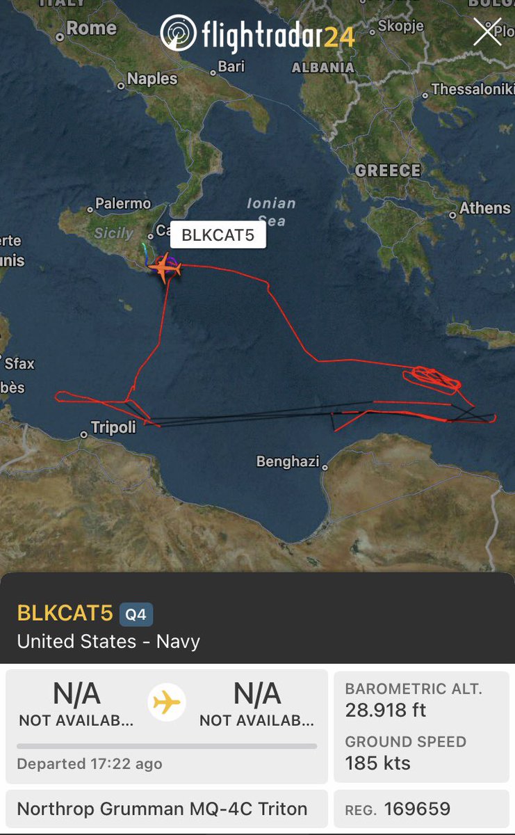 🇺🇸 US Navy MQ-4C Triton as BLKCAT5 is now descending to NAS Sigonella after spending 17 hours over central Mediterranean and off Lybian coast