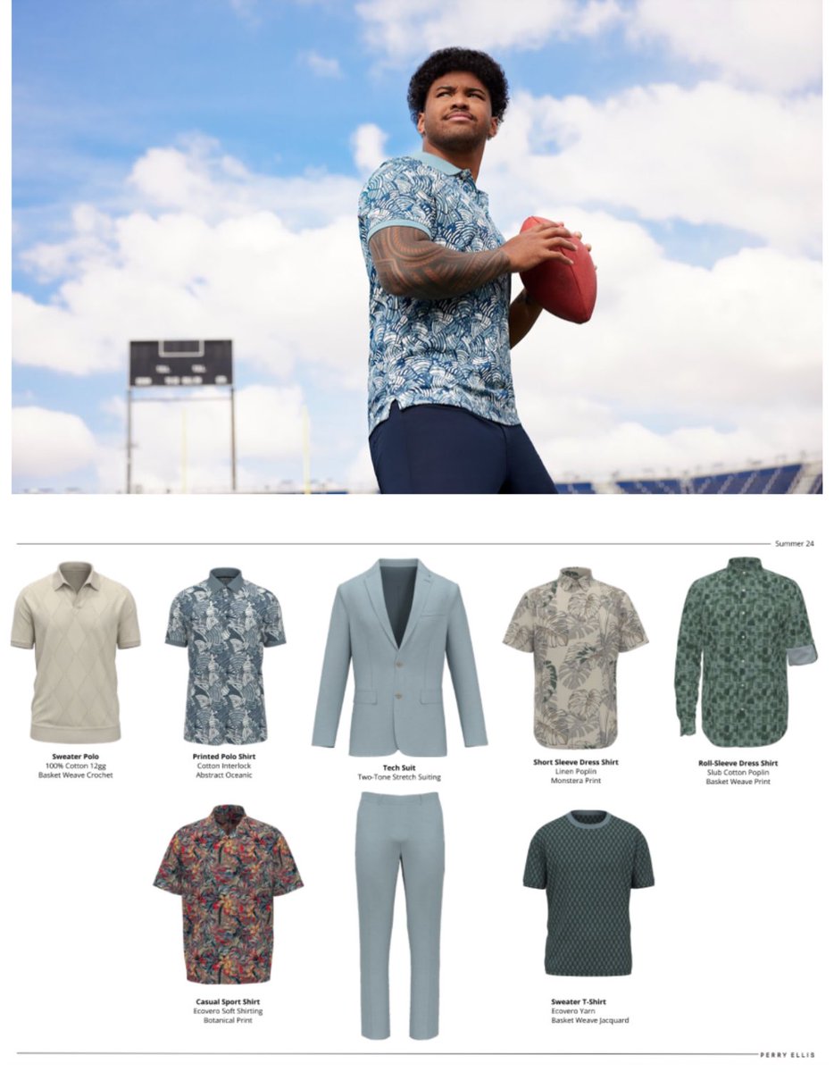 Miami Dolphins QB Tua Tagovailoa has unveiled the debut collection for his multi-year partnership with Perry Ellis. His spring and summer styles: perryellis.com/pages/tua-x-pe…