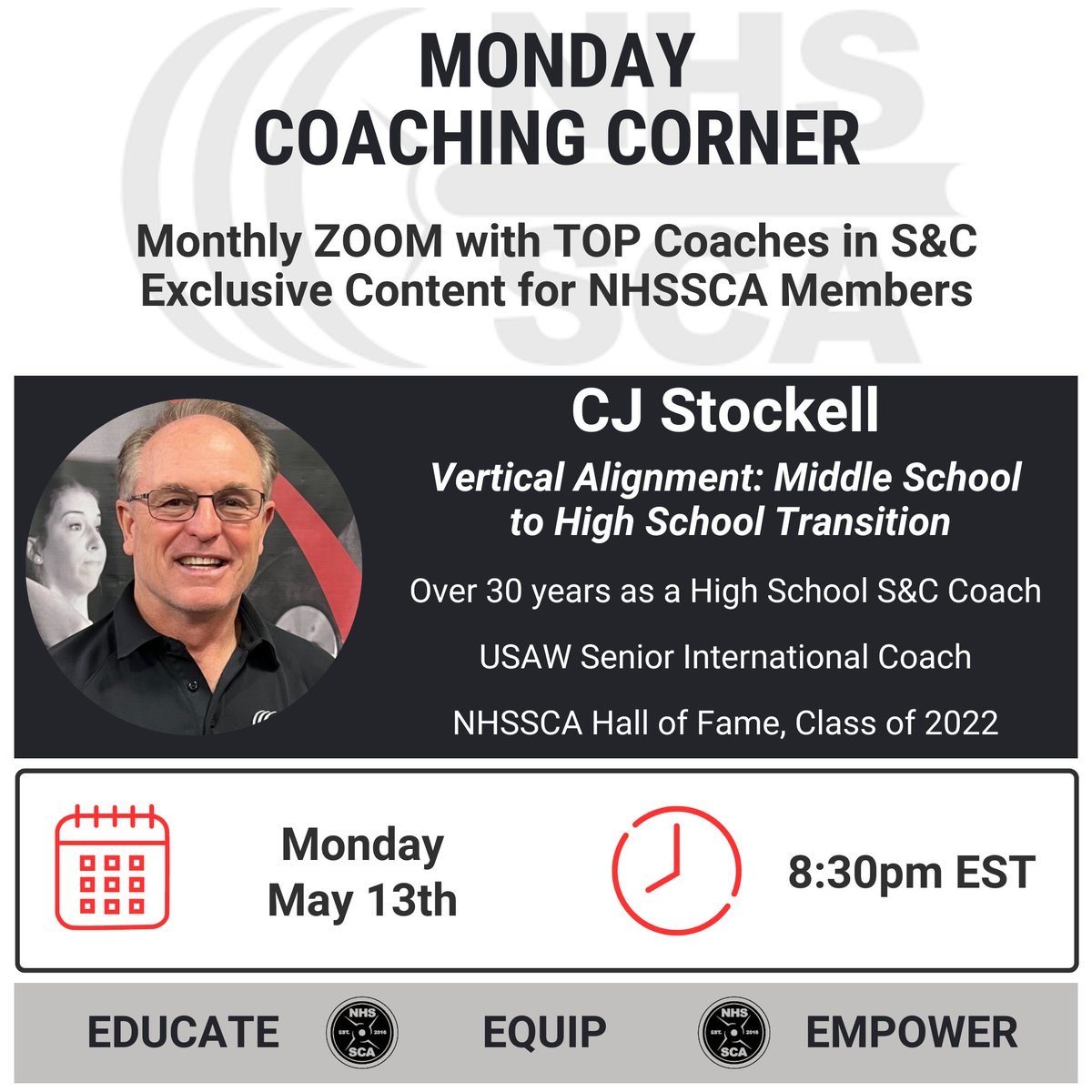 Professional Members, join us for Coaching Corner with CJ Stockel! With 30+ yrs of HS experience, Coach will share insights and strategies for ensuring seamless progression for athletes moving from MS to HS 📅 Monday, May 13 🕒 8:30 pm EST 📍 nhssca.us