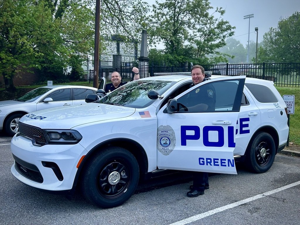 Through the State of Tennessee Violent Crime Intervention Fund Grant, the Greeneville Police Department was able to purchase three new Dodge Durango patrol vehicles. Chief Steve Spano and Captain Kevin Gass are going to test this one out!
