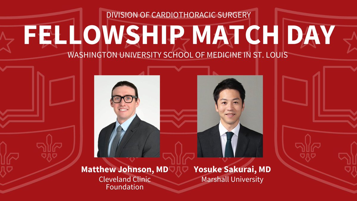 Happy #MatchDay! Matthew Johnson, MD (@ClevelandClinic), and Yosuke Sakurai, MD (@MUSOMWV), will join us in 2025 for our two-year, @acgme-accredited Thoracic Surgery Fellowship program. Congratulations and we can’t wait to meet you in St. Louis!