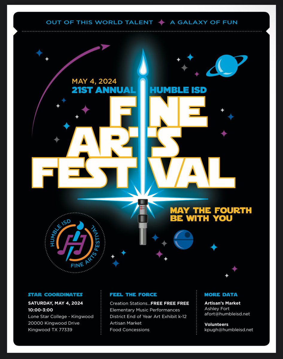 Don't miss the 21st Annual #HumbleISD Fine Arts Festival this Saturday, May 4, from 10 am to 3 pm at Lone Star College - Kingwood. A free, fun, family event with creation stations, elementary music performances, an art exhibit, Artisan Market and more!