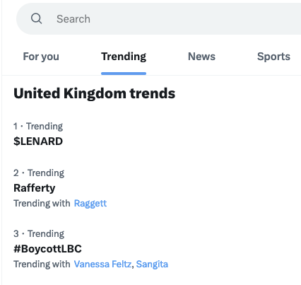#BoycottLBC is now Trending at Number 3 in all of the UK

#SangitaMyska 
#VanessaFeltz 

We see what #LBC did there - swapped out a young, passionate #PoC who dared to question #Israeli lies with a pro-Israel worn-out stooge.

... and they expected us not to notice?

@LBC @global