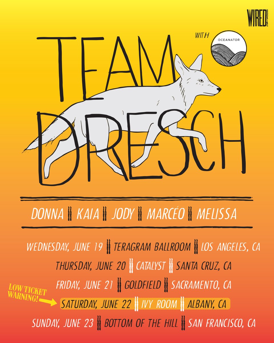 .@theteamdresch is going on tour! Catch the FULL BAND in action this time around w/ @oceanator kicking off each night‼️ Tickets will be available tomorrow (Thursday 5/2) at 9am PST - so set an alarm ⏰. Hope to see y'all there! pocp.co/team-dresch-to…