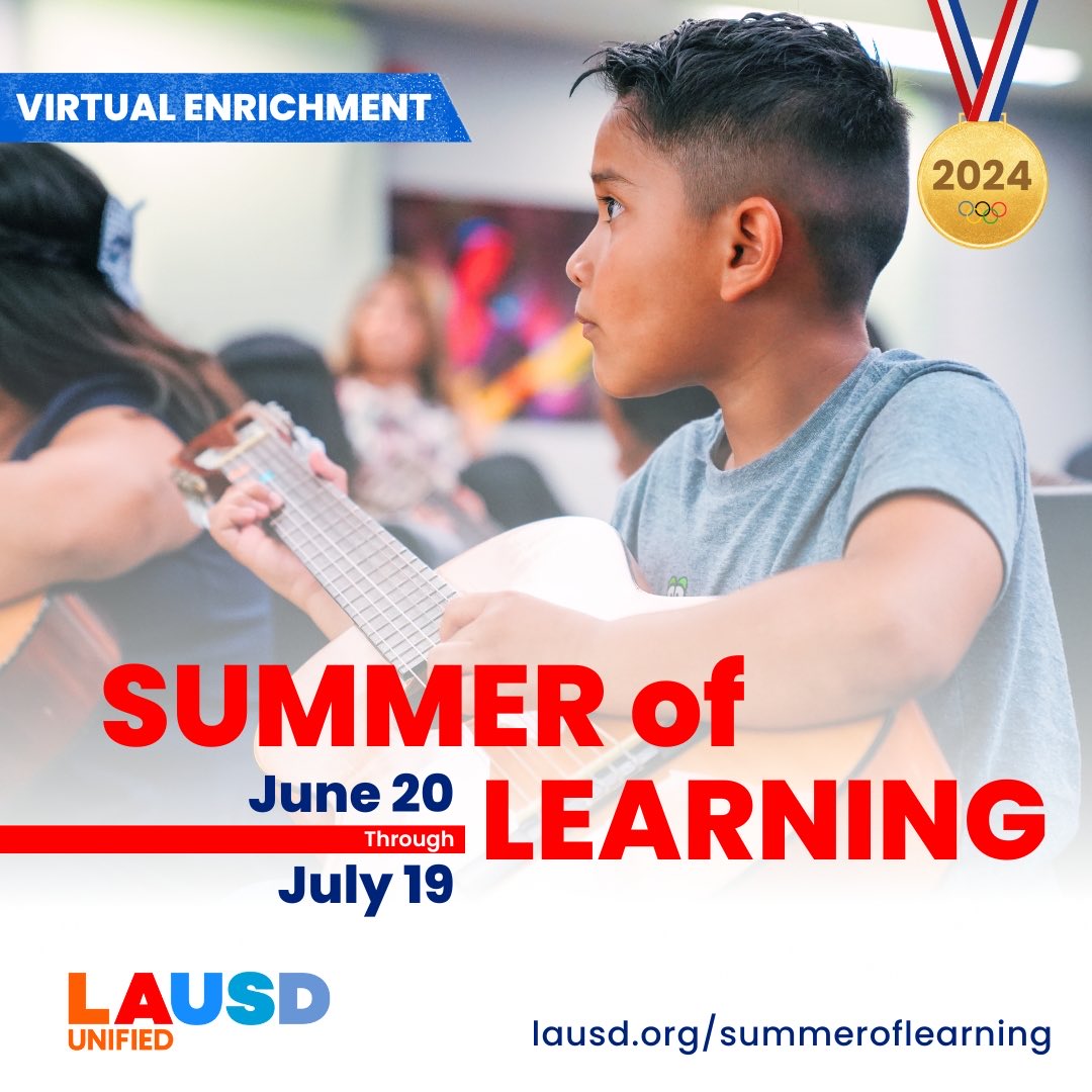 Unlock new skills and experiences with our virtual enrichment courses! Registration closes 5/24. From mastering instruments w/Fender Play to exploring languages and careers, there's something for everyone.Get ready to persevere and learn. #SummerOfLearning enroll.lausd.net/en/enrichment