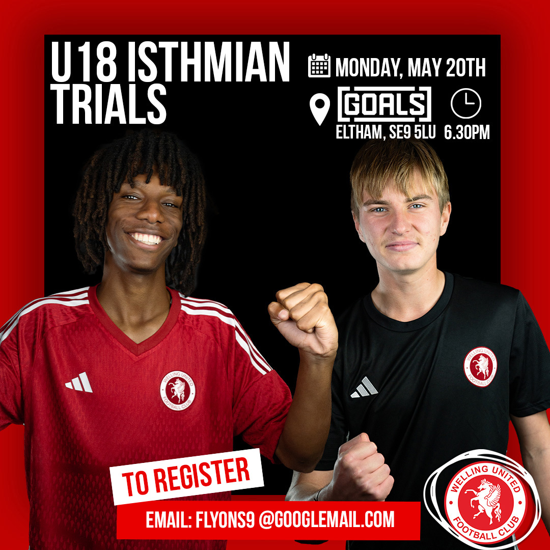 Do you have what it takes to be part of our U18s? 🫵

📆 Trials take place at Eltham Goals on Monday, May 20th.

📧 Email flyons9@googlemail.com to register your attendance.

#wearewings #trials