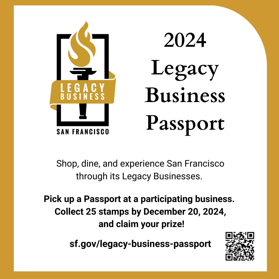 Happy Small Business Month! We are kicking it off with a new passport program from the Legacy Business Registry. There are nearly 80 spots in the Passport. Stop by to pick up one for, then collect 25 stamps to win a prize! #SFLegacyBiz sf.gov/legacy-busines…