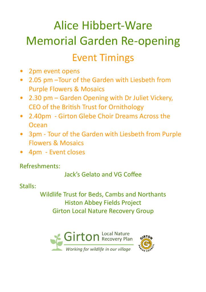 Hibbert-Ware Garden (re)opening Sat May 4th 2-4pm Timetable. Garden will be formally reopened by @_BTO CEO Dr Juliet Vickery. Stalls include @wildlifebcn & @AbbeyFields_HI. Music from @GirtonGlebePS. All welcome!