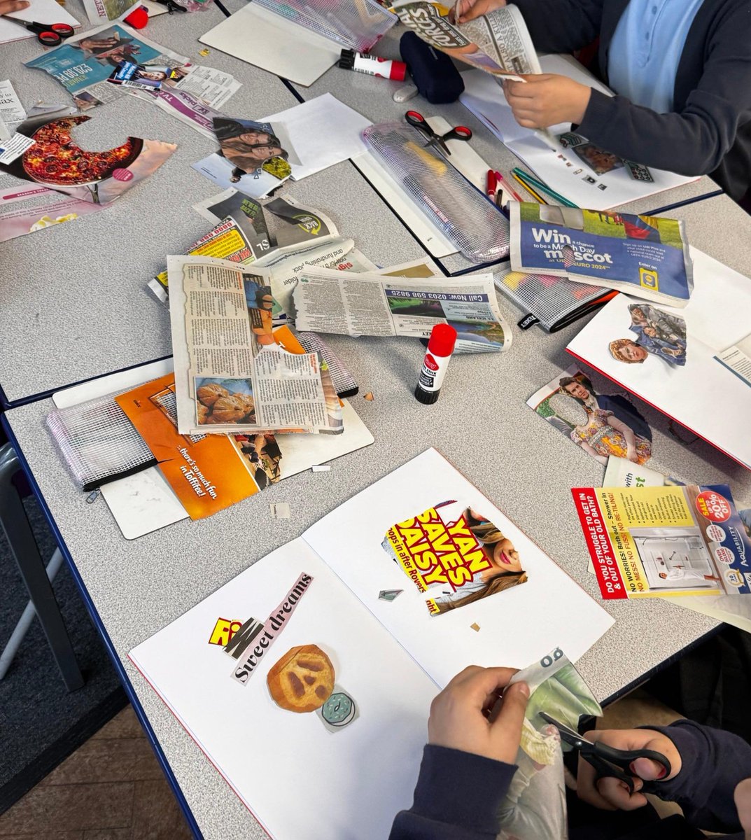 Year 6 worked hard in their art lesson this week creating photomontage, based on Hannah Hoch's work, by cutting up and combining images. @kapowprimary  #primaryart