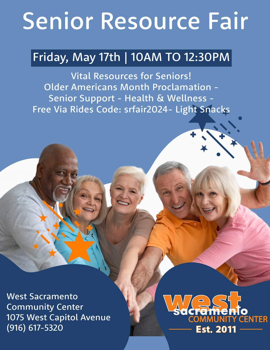 🌟 Join us at the West Sacramento Community Center for the #SeniorResourceFair on May 17, 10AM - 12:30PM! Celebrate #OlderAmericansMonth with us & discover essential resources for seniors in our community. From support services to health screenings, we've got you covered.