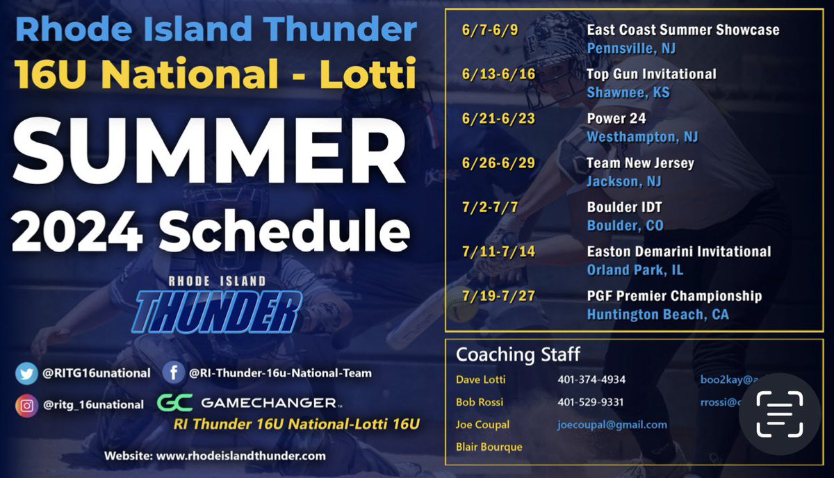 Can’t wait to be back on the field with my team this summer. Summer schedule ⬇️ ⬇️! Catch us on Game Changer! Let’s GO!! @RITG16unational @thunderjam134 @BobRossiRITG @LegacyLegendsS1 @ExtraInningSB @WyvernAthletics @GPER