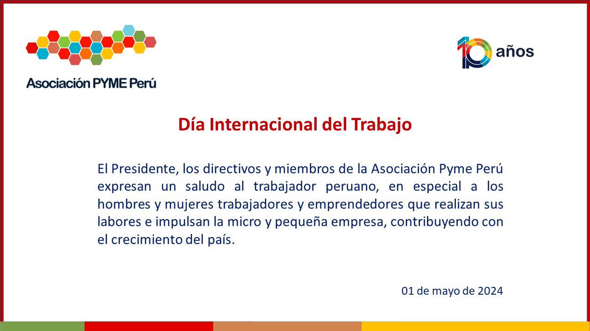 EN EL DÍA DEL TRABAJO
Expresamos nuestro saludo al trabajador peruano, en especial a los hombres y mujeres trabajadores y emprendedores que realizan sus labores e impulsan la micro y pequeña empresa, contribuyendo con el crecimiento del país.