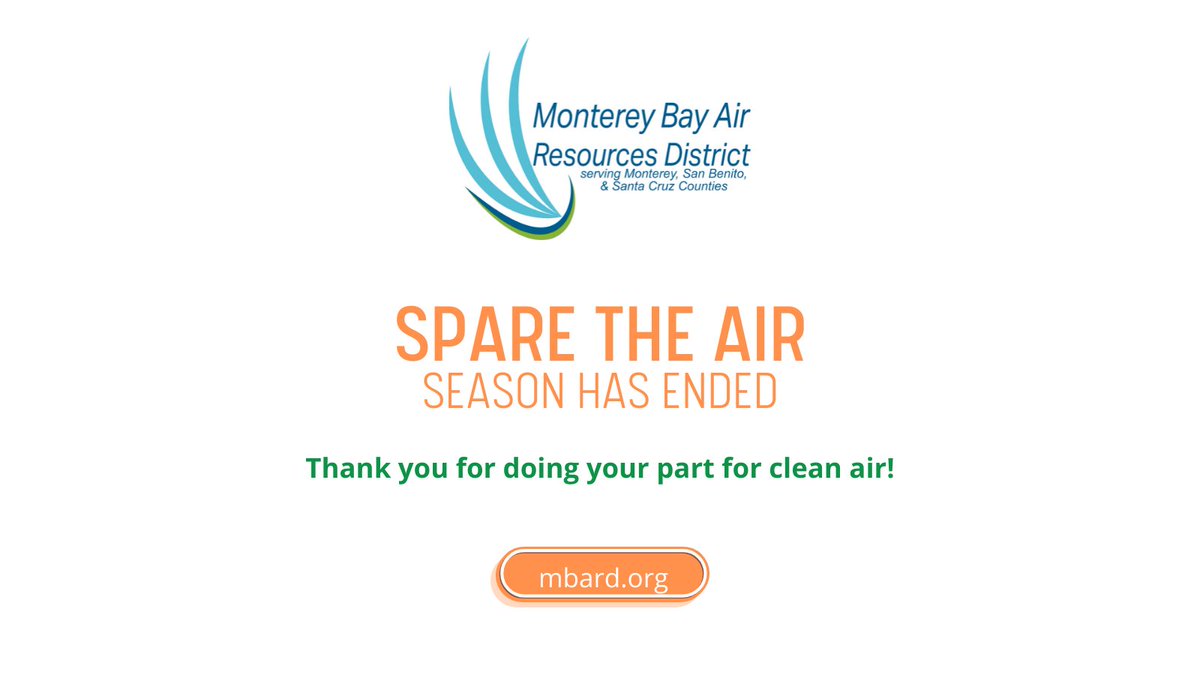 Spare the Air Season has ended. Thank you for doing your part for clean air!
 
 #montereybay #sanlorenzovalley #santacruzcounty #sanbenitocounty #montereycounty #airquality #airpollutioncontrol