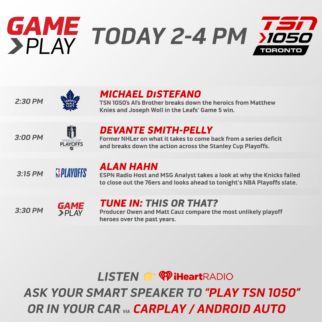 Coming up today on #GamePlay, @mcauz56 will be joined by @mickey_canuck, @smithpelly23 and @alanhahn! Listen from 2-4pm on your home speakers, @TSN_Sports App, @iHeartRadioCA App or player.toronto.tsn.ca!
