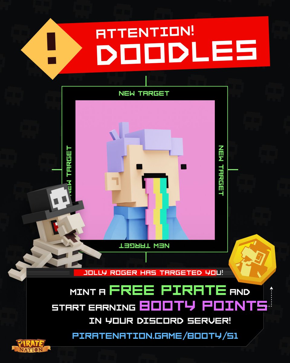Welcome @doodles to the Jolly Roger 🌈🏴‍☠️ For the next 48 hours, anyone holding a Doodle or a Space Doodle can mint a free Pirate, join the game, and start earning BOOTY Points. The Doodles Discord server is now also open to BOOTY social Piracy!
