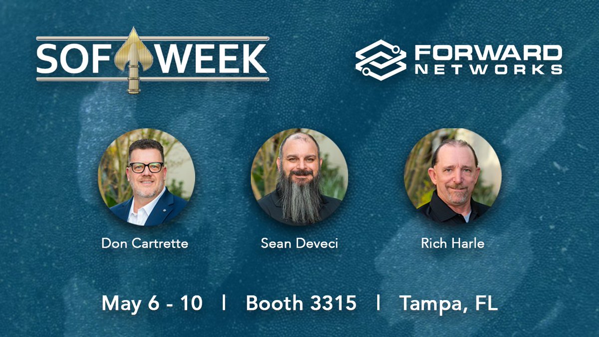 Don Cartrette, Sean Deveci, and Rich Harle from the Forward Federal team will be at SOF Week next week! Come by Booth 3315 to see a demo and learn how your federal network can be more secure, reliable, and agile. bit.ly/49YB5nr