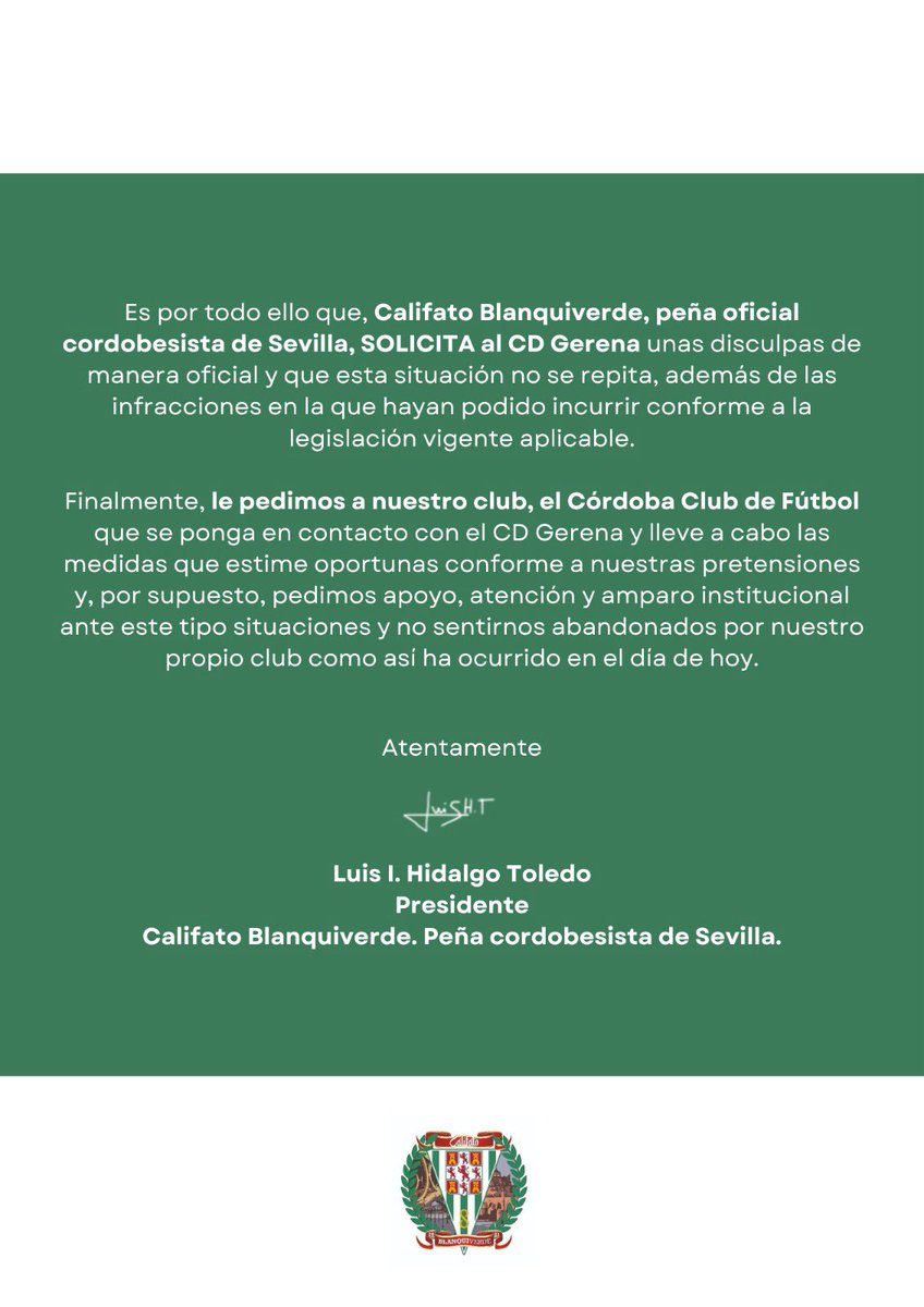 📄 𝗖𝗢𝗠𝗨𝗡𝗜𝗖𝗔𝗗𝗢 𝗢𝗙𝗜𝗖𝗜𝗔𝗟 #CalifatoBlanquiverde 𝗗𝗘𝗡𝗨𝗡𝗖𝗜𝗔 el nefasto trato recibido por los dirigentes del @CD_Gerena y lamenta el abandono por parte del @CordobaCF_ofi en los hechos sucedidos en la mañana del miércoles, 1 de mayo, en el CD Sevilla Este.