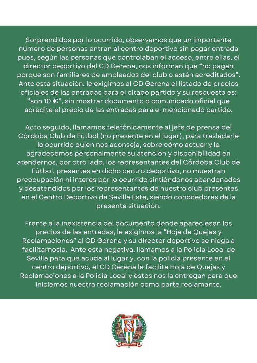 CalifatoBV's tweet photo. 📄 𝗖𝗢𝗠𝗨𝗡𝗜𝗖𝗔𝗗𝗢 𝗢𝗙𝗜𝗖𝗜𝗔𝗟

#CalifatoBlanquiverde 𝗗𝗘𝗡𝗨𝗡𝗖𝗜𝗔 el nefasto trato recibido por los dirigentes del @CD_Gerena y lamenta el abandono por parte del @CordobaCF_ofi en los hechos sucedidos en la mañana del miércoles, 1 de mayo, en el CD Sevilla Este. https://t.co/DKXEhcPVwj