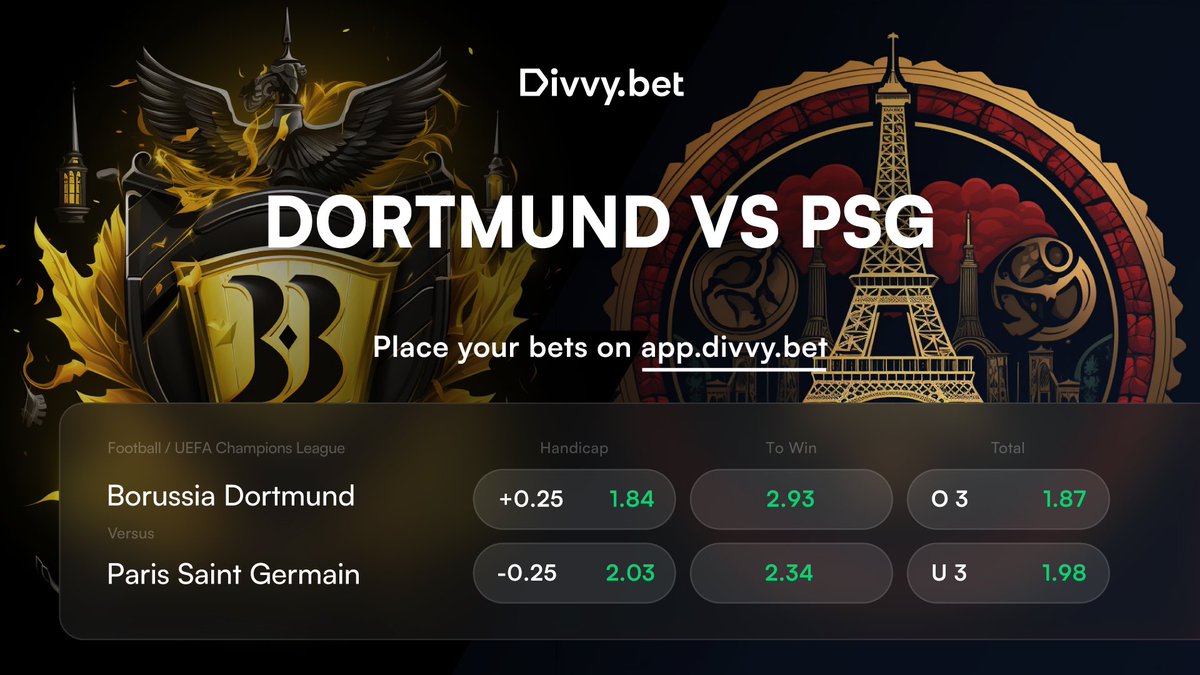 CHAMPIONS LEAGUE GAME OF THE DAY ⚽️🚨 PSG head to Germany to take on Dortmund in our Champions League Game of the Day! Who’s your pick in the first leg?? Reminder: 2x DVY Points on all wagers for this game!!