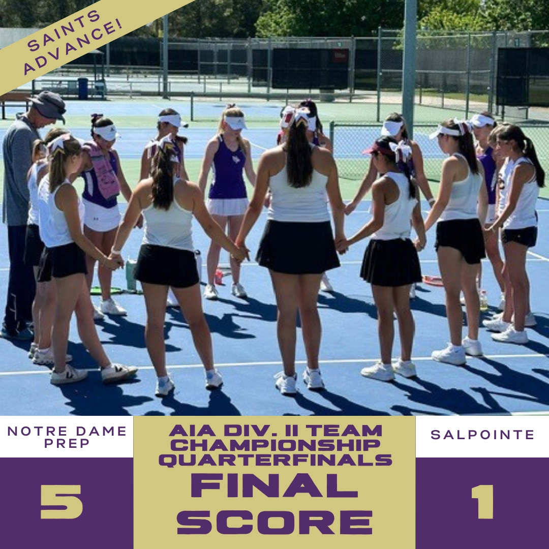 NDP Girls' Tennis made it 2-for-2 in Tucson this postseason as they defeated Salpointe Catholic in Tuesday's AIA Team Quarterfinals. For more: ndpsaints.org/athletics. Next up, the Saints face Canyon Del Oro in the Semifinals this Friday. #GoSaints #reverencerespectresponsibility