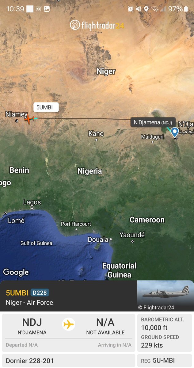 Borrowed7Time's tweet photo. Niger AF Dornier D228-201 5U-MBI #062F0F returning to Niamey from N'Djamena. Aircraft arrived on 30 Apr.
@Dinlas3 https://t.co/nsid4zX2Lj