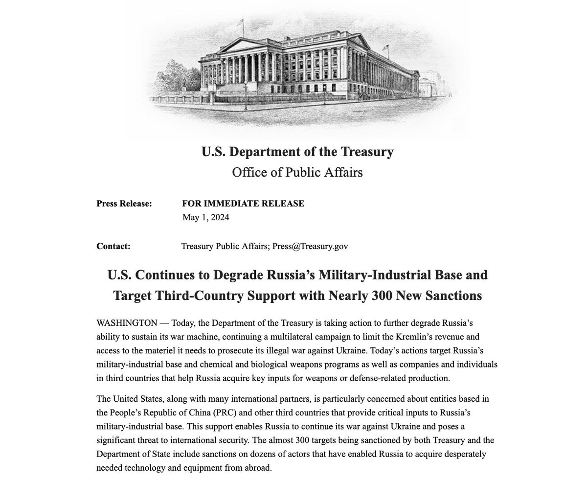 JUST IN!!! U.S. Continues to Degrade Russia’s Military-Industrial Base and Target Third-Country Support with Nearly 300 New Sanctions