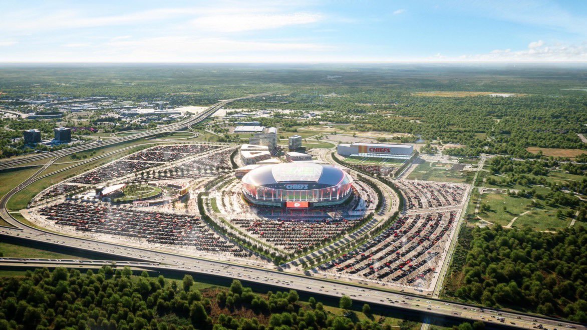NFLonFOX's tweet photo. Renderings of a potential domed-stadium for the Kansas City Chiefs have been revealed 👀

📷: @fox4kc https://t.co/KyLo4GrWKJ