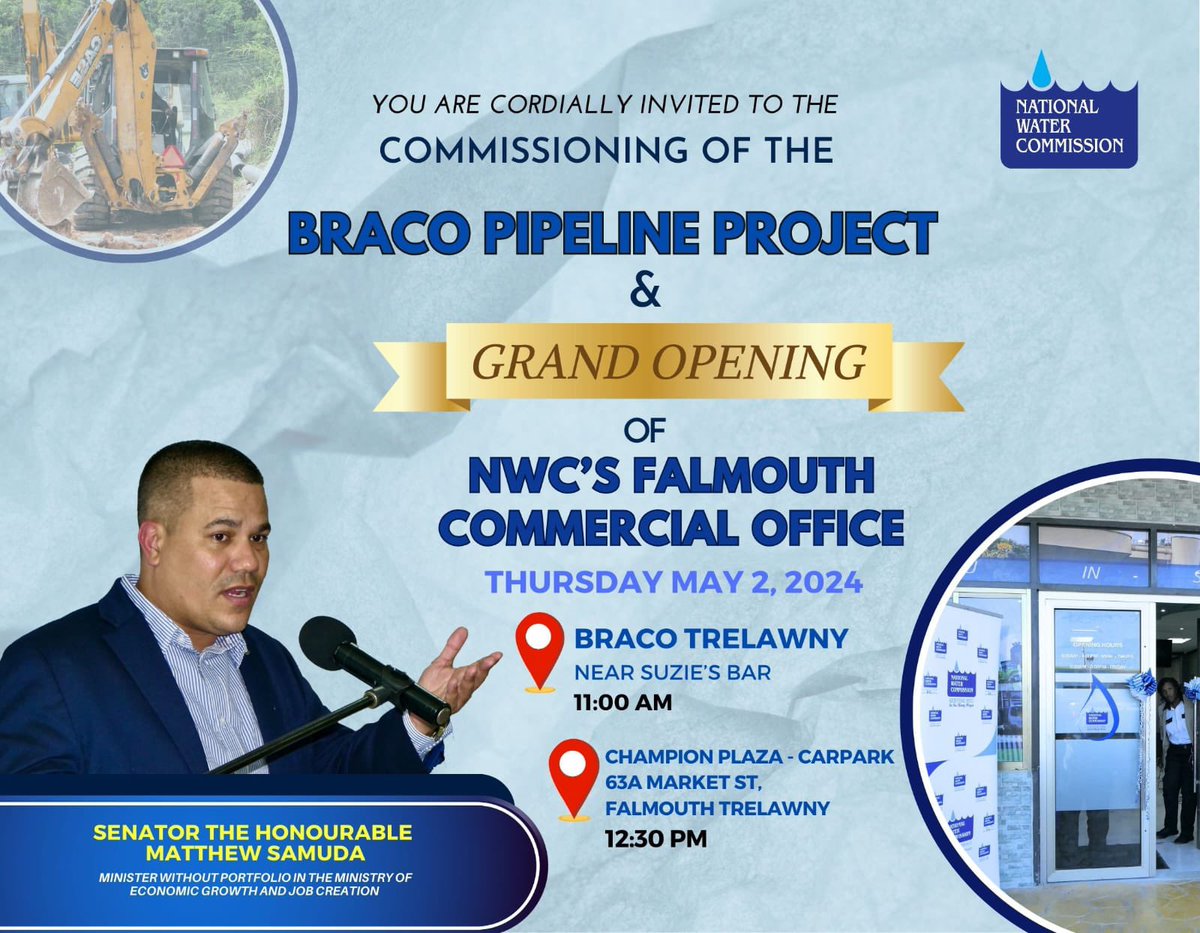 Join the @megjc_jm and @NWCjam for the commissioning of the new Braco Pipeline and Grand Opening of the @NWCjam Falmouth Commercial Office!

#TurningOnThePipes 
#BuildingWaterResilience