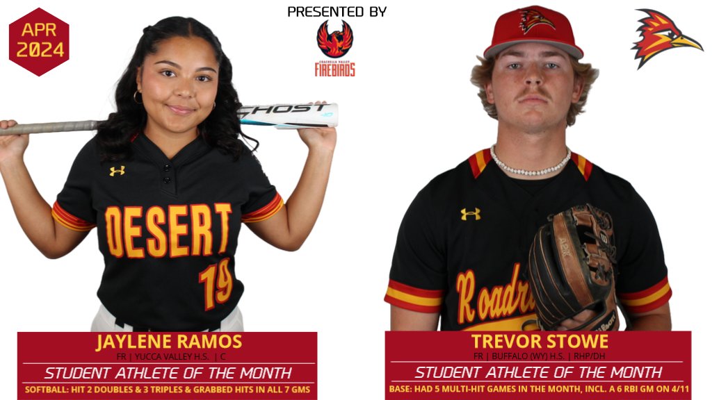 Congratulations! As Jaylene Ramos (Softball) and Trevor Stowe (@CODBaseball24) earn @CollegeOfDesert April Student Athletes of the Month! desert.prestosports.com/general/2023-2…