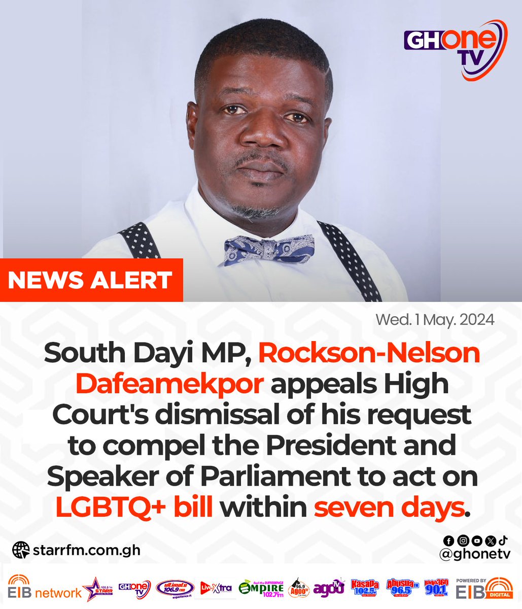 LGBTQ+ Bill: MP Rockson-Nelson Dafeamekpor files appeal against dismissal of request to compel Akufo-Addo & Bagbin to act on bill within seven days... 

#GHOneNews #GHOneTV