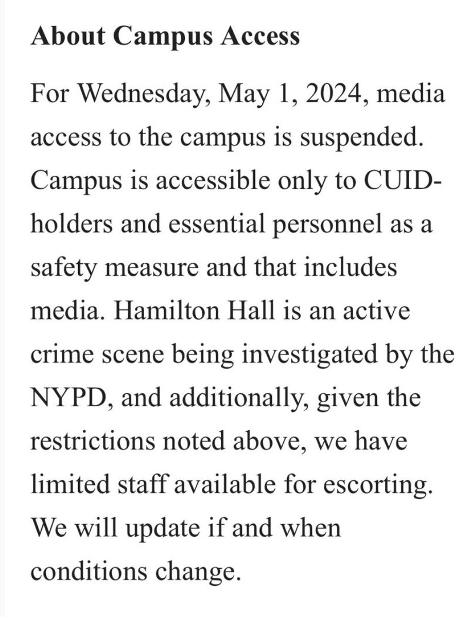 #NEW from Columbia University: 'Media access to the campus is suspended' the message read the morning after the raid, 'Hamilton Hall is an active crime scene, being investigated by the NYPD'.