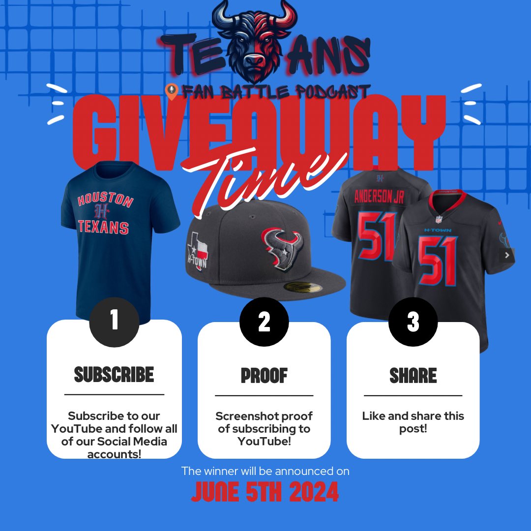 🚨🚨🚨 Texans Giveaway 🚨🚨🚨 We are giving away three Texans type of gear; draft hat, HTown T-Shirt and the grand prize a new Jersey! Rules are simple, subscribe here 🔗 youtube.com/@Texansfanbatt… and post proof of subscribing and then like and reshare this post! #HTownMade