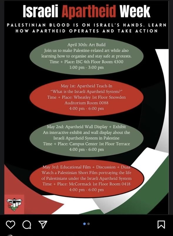 ⁦@UMassBoston⁩ is sponsoring Israel Apartheid Week. Please let them know that this is antisemitic anti American behavior that will only increase hate by American students against their fellow Jewish students. Please repost and spread the word about this activity.