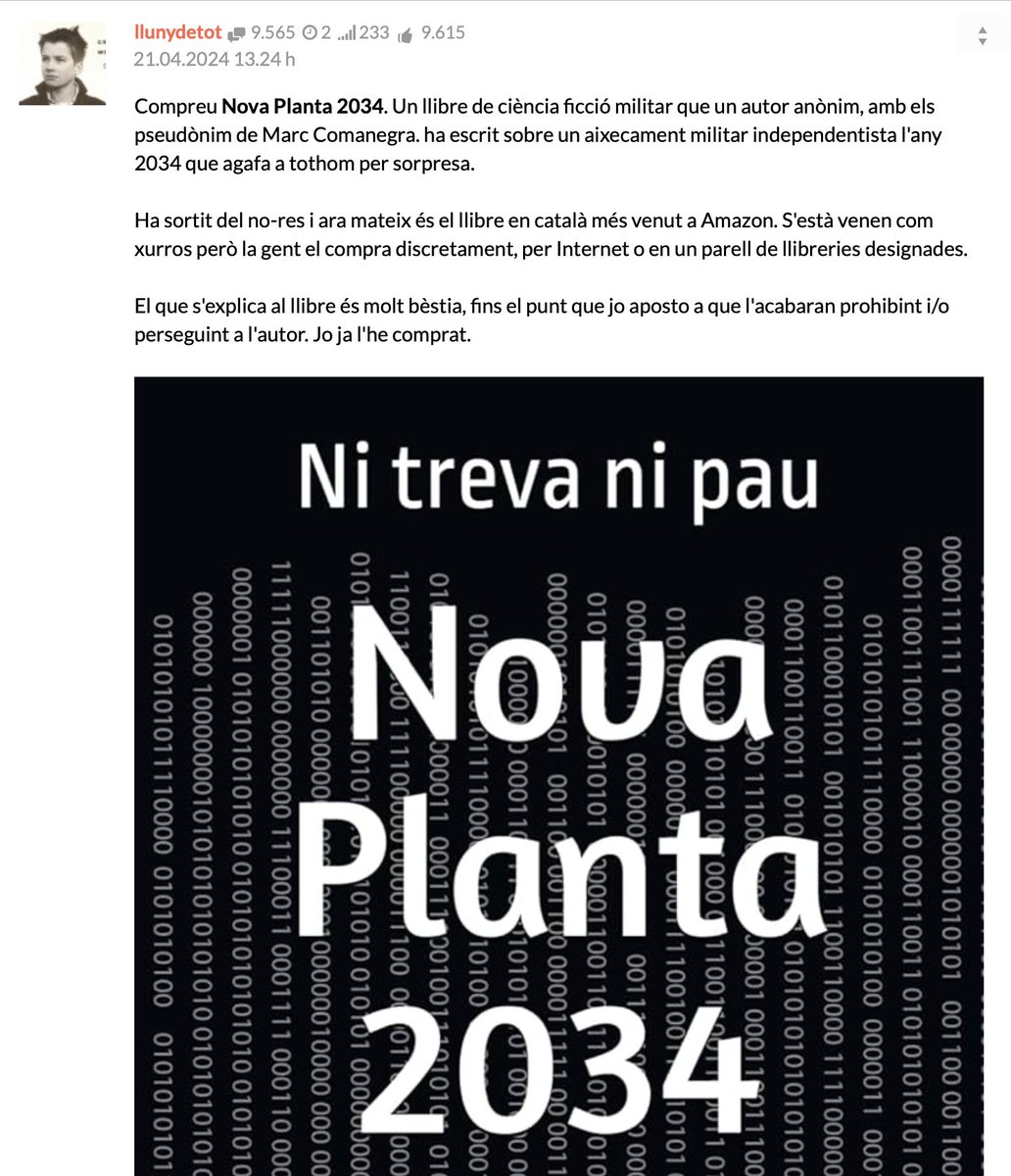 'Nova Planta 2034' deixa en evidència la repressió contra els catalans. Fins i tot pateixen, legítimament i fonamentadament, per una ficció autocentrada nacionalment. Molts catalans estan deixant de fer coses per por a la repressió castellana. Que no us robin la imaginació! 🙏