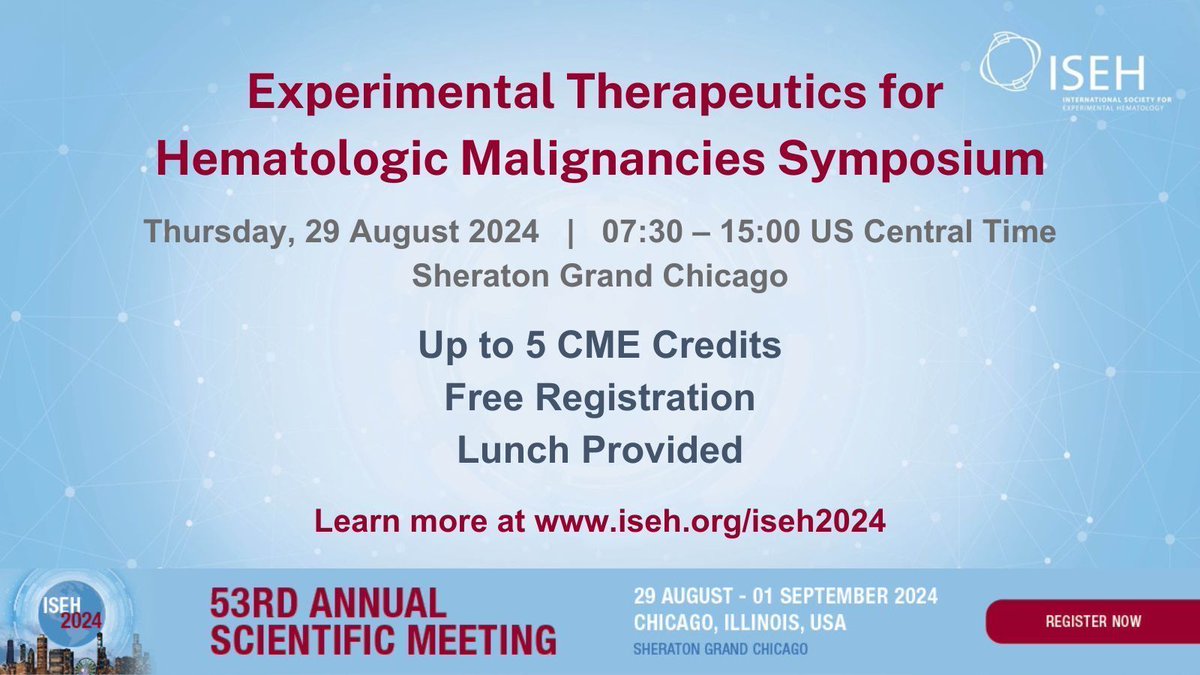 Join the first Satellite Symposium in conjunction with #ISEH2024 in Chicago this August! This symposium is for hematologist-oncologists, translational researchers, and trainees interested in experimental therapeutics of myeloid and lymphoid malignancies. 

iseh.org/2024SatelliteS…