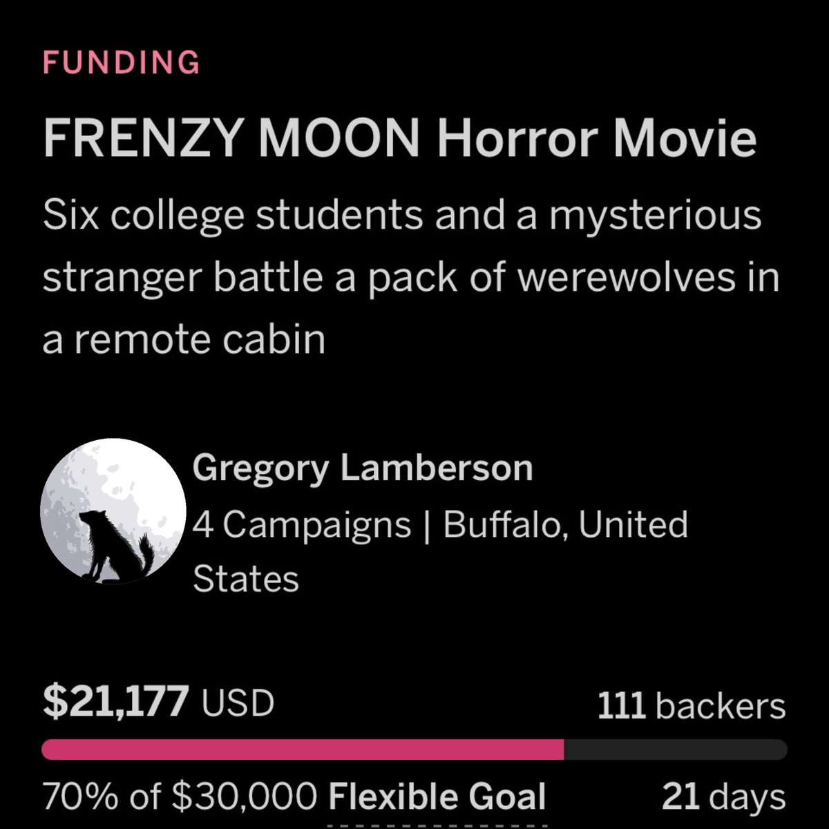 FRENZY MOON is now 70% funded thanks to 111 backers. Our next goal is 22K! Join the pack!

indiegogo.com/projects/frenz…

#frenzymoon #werewolf #film #werewolves #horror #movie #indiegogo #campaign #crowdfunding #goals #supportindiefilm #contribute #perks #joinus