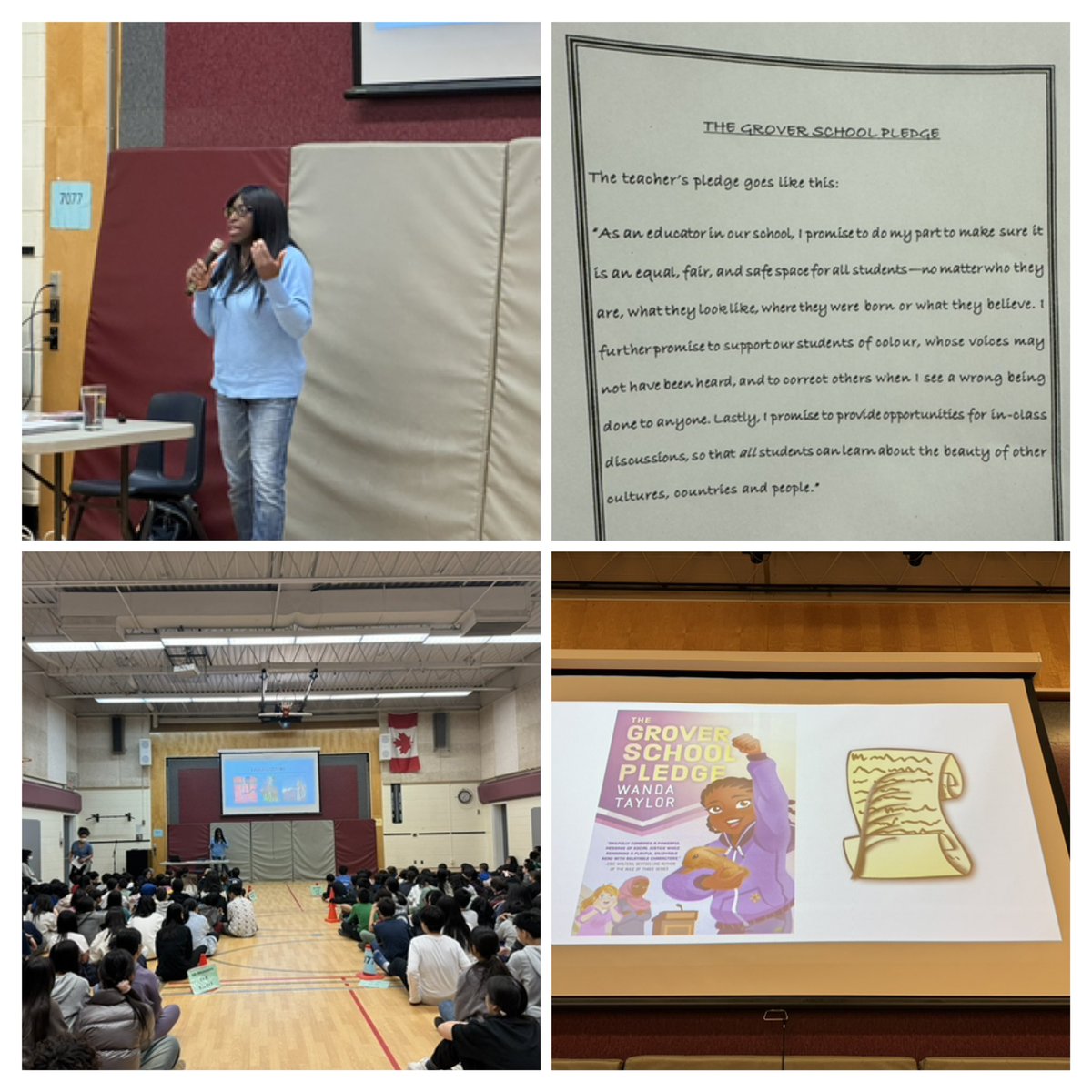 JRPS welcomed Wanda Taylor award winning author, film maker, and professor as part of Canadian Children's Book Week.  The presentation ended with The Grover School Pledge. #canadianchildrensbookweek #yrdsb