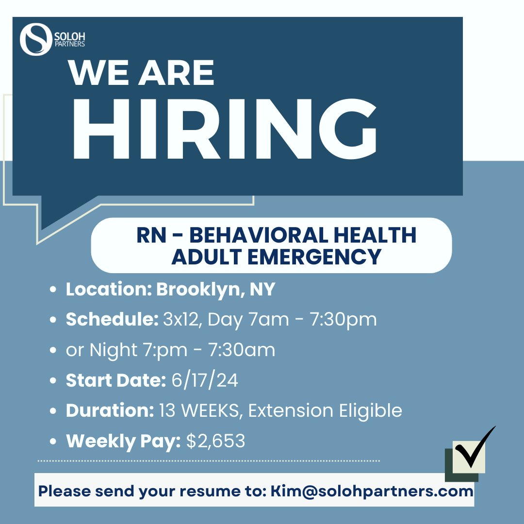 Our client is hiring a RN - Behavioral Health Adult Emergency located in Brooklyn, NY. Please reach out to Kim@solohpartners.com if interested!
#nurse #rn #registerednurse #behavioralhealth #newyork #hiring #hiringnow #brooklyn