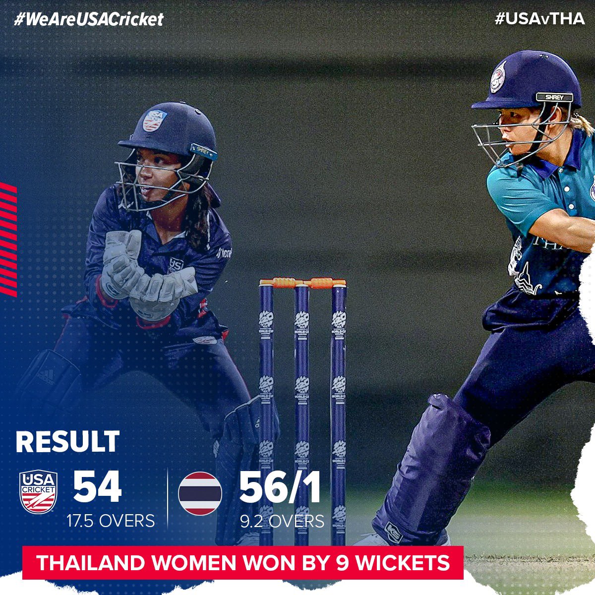 A devastating result in Abu Dhabi as Thailand Women prevail by 9 wickets.

Stay tuned for USA’s next match on May 3rd against Sri Lanka on Icc.tv!

#USAvTHI #WeAreUSACricket 🇺🇸