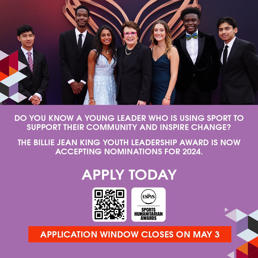 The Billie Jean King Youth Leadership Award was created in 2019 to recognize young people from across the United States who are making a difference in their communities. If this sounds like you, or someone you know, please apply or spread the word! The May 3 deadline is fast…