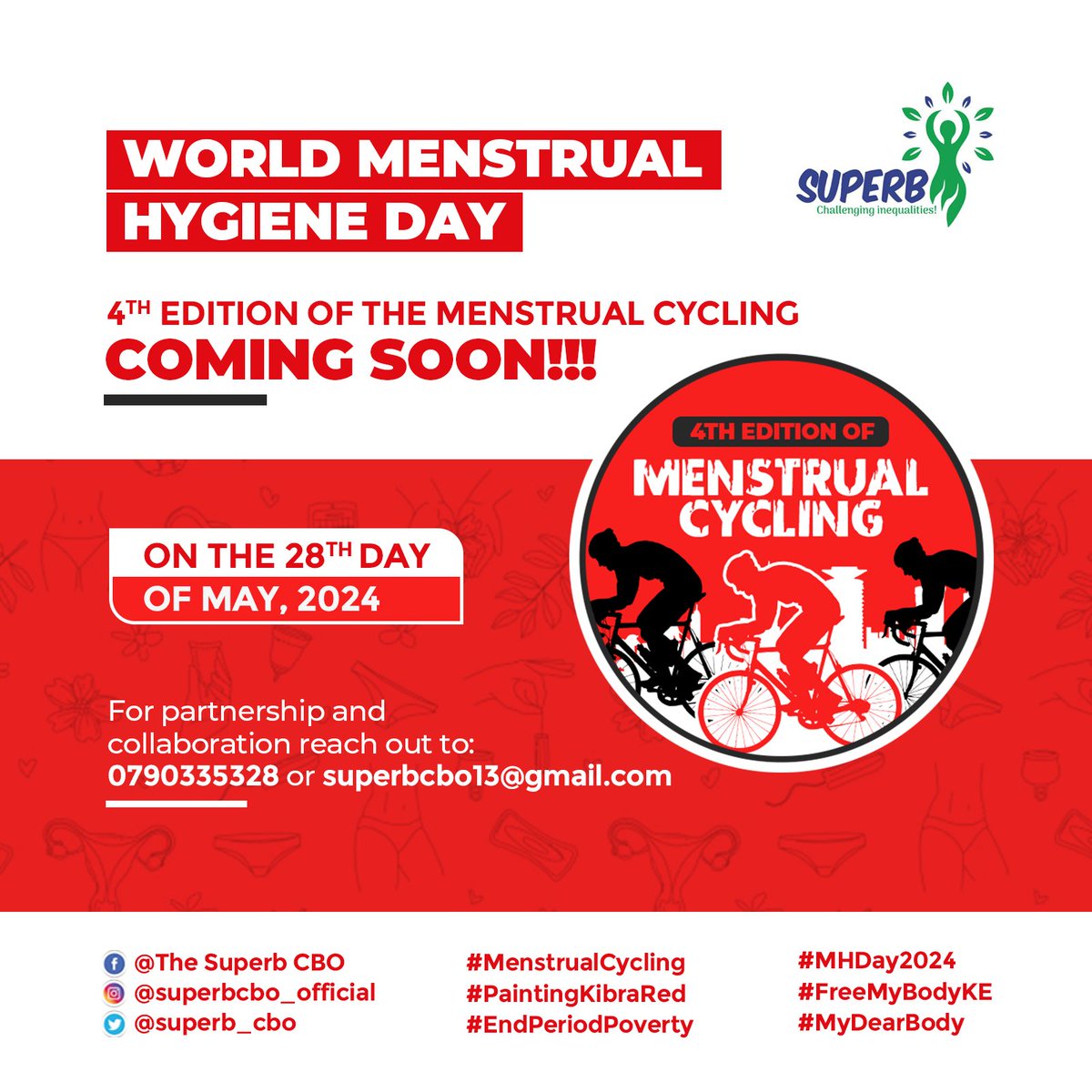 The 4th Edition of Menstrual Cycling is just around the corner. This time it's gonna be bigger and better! Let's work together for a #PeriodFriendlyWorld. For partnership and collaboration please feel free to email us @superbcbo13@gmail.com #MHM2024 #FreeMyBodyKE