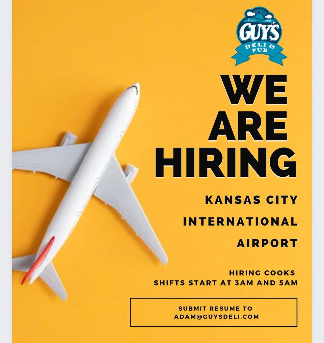 Join the team at Guy’s Deli at Kansas City International Airport! We are currently hiring cooks. Submit your resume to Adam@GuysDeli.com. Shifts start at 3AM or 5AM. Apply today!