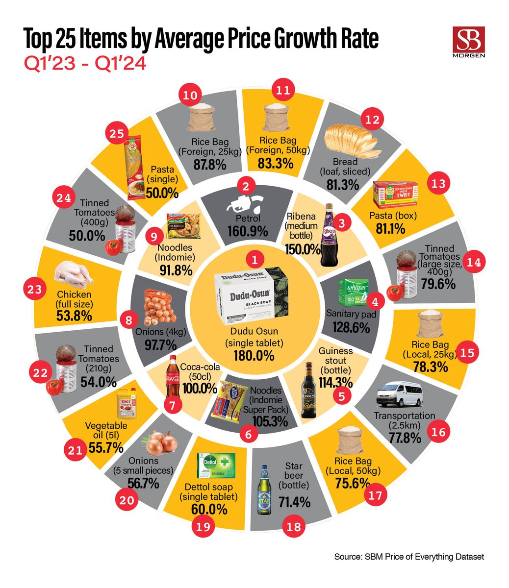 Chart of the week: Top 25 price rises by percentage in #Nigeria 2023-2024 Read more: bit.ly/3WkV38M