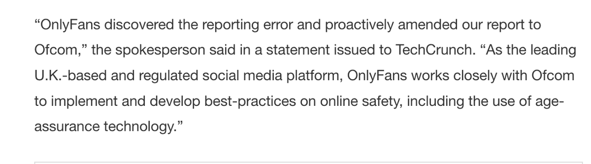 Here's how f*ucked this. 

OF is 'investigating' — launching 1000s of negative headlines — NOT because any minors accessed OnlyFans, but because it had accidentally set its threshold for access to 23 (meaning users under 23 couldn't get in). They corrected it and alerted Ofcom.