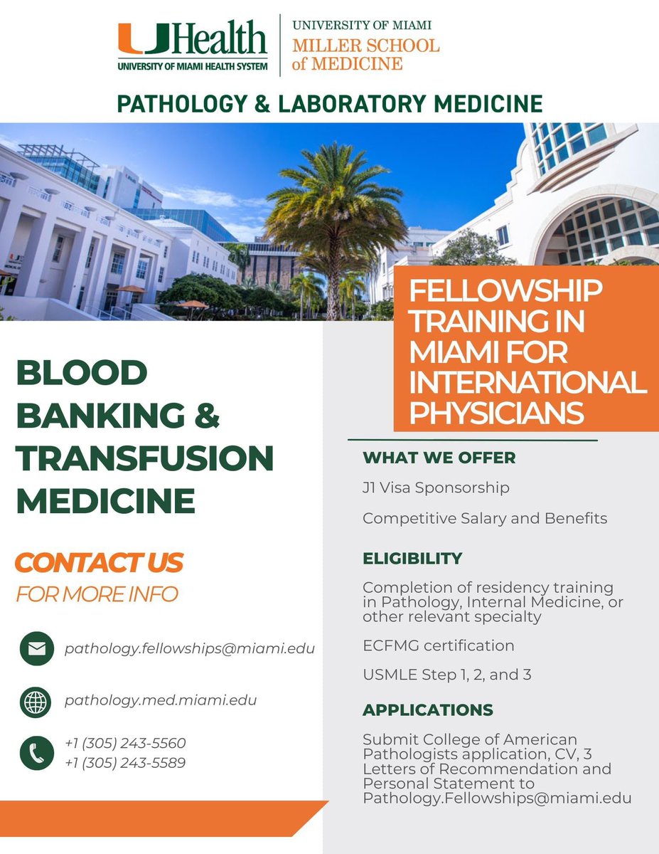 Good news! There is one spot for the blood banking fellowship in the pathology department at the University of Miami. This applies for IMGs with a residency in pathology or internal medicine in their home country