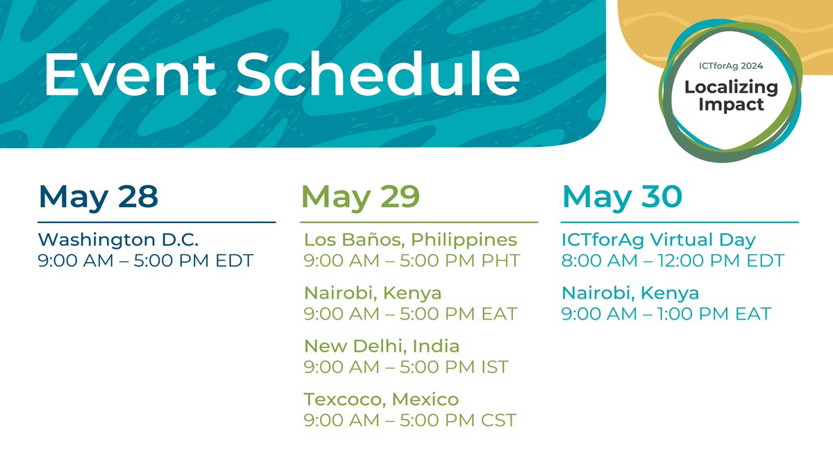 🚀 Ready to solidify your plans to attend ICTforAg 2024? Check out the schedule below with start times for each location and block your calendars whether you're joining in person or virtually! #ICTforAg Register -> ictforag.com