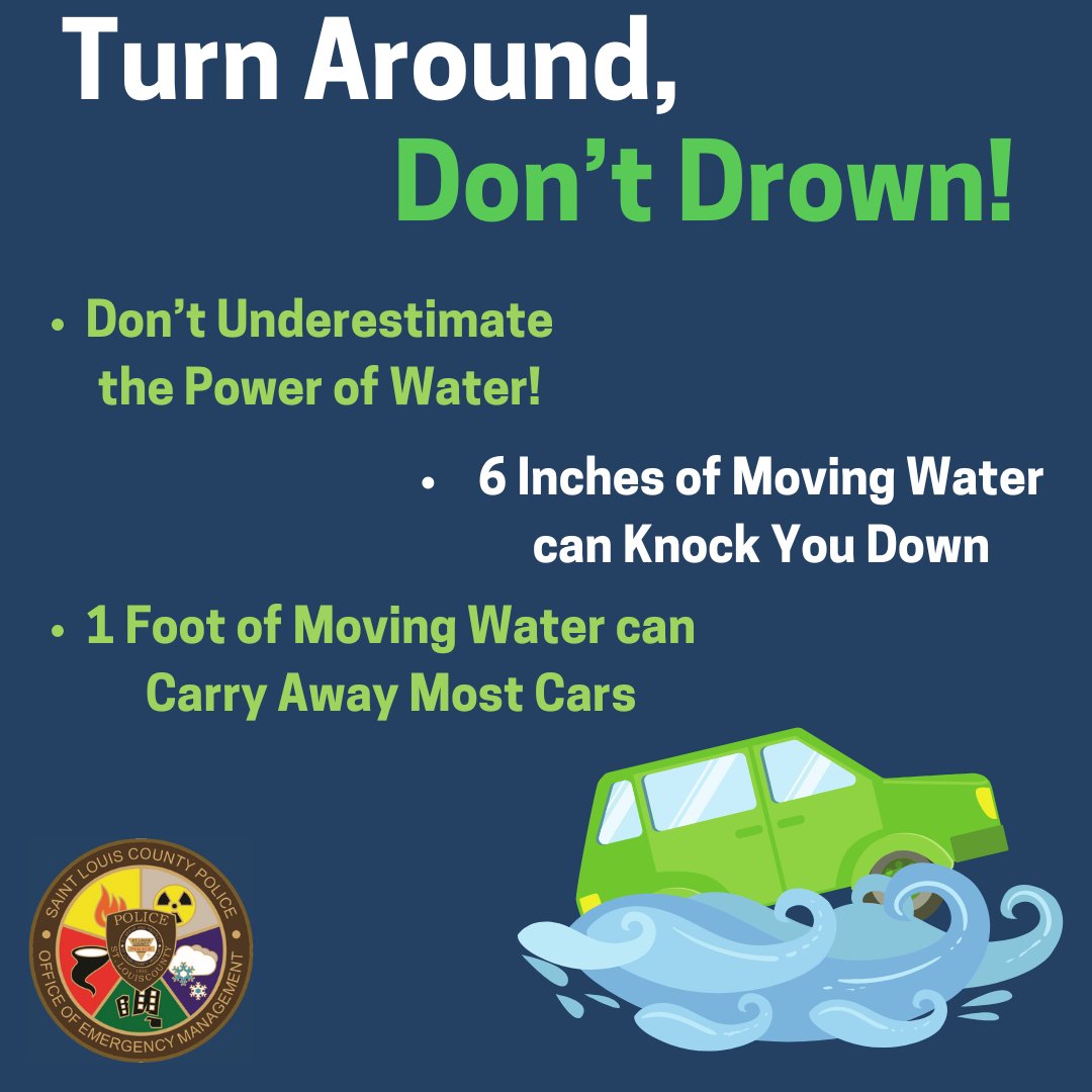 As the Flood Warning continues throughout the St. Louis area, be sure to follow proper safety when it comes to floodwaters! Remember, if you come across water-covered roadways, turn around, don't drown! #MakingPreparednessPersonal